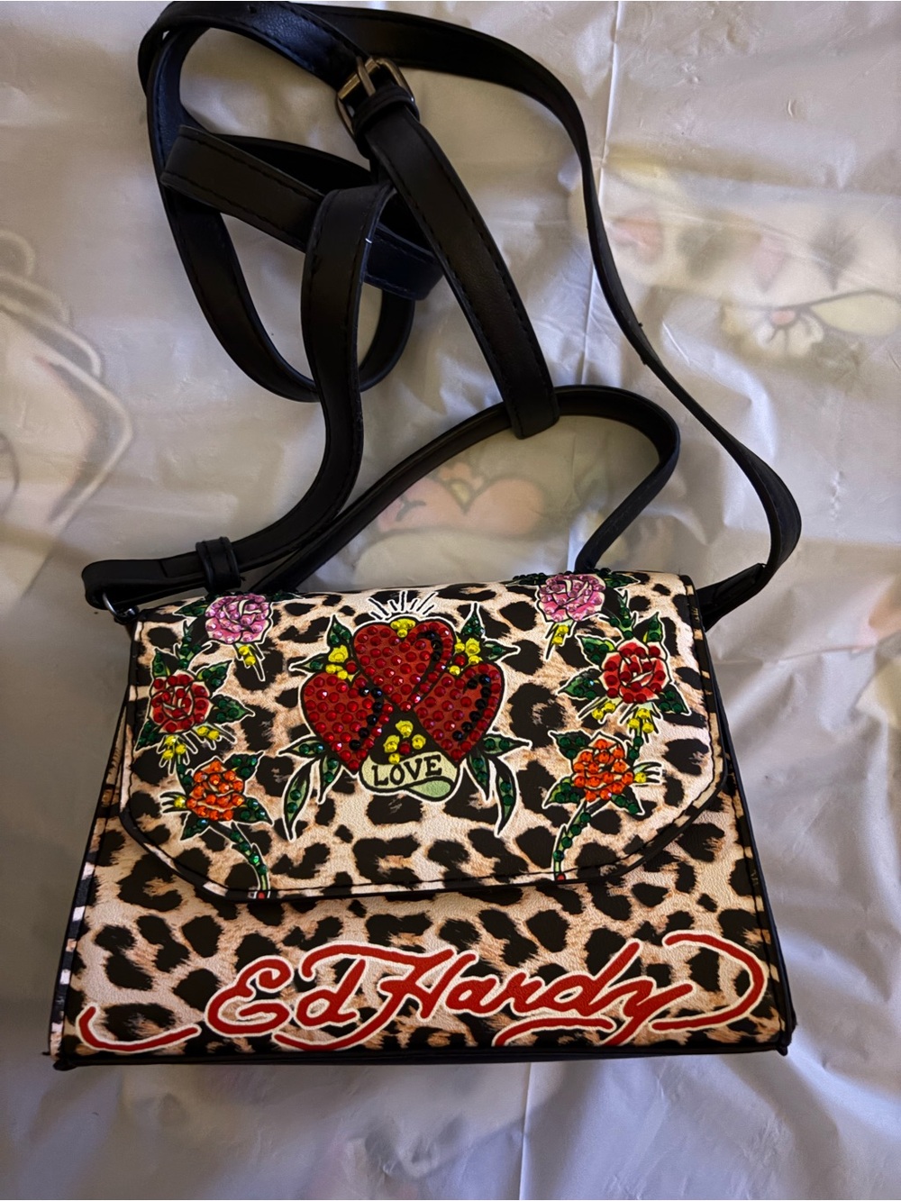 Ed Hardy Leopard Crossbody Bag with Red Heart & Floral Embroidery